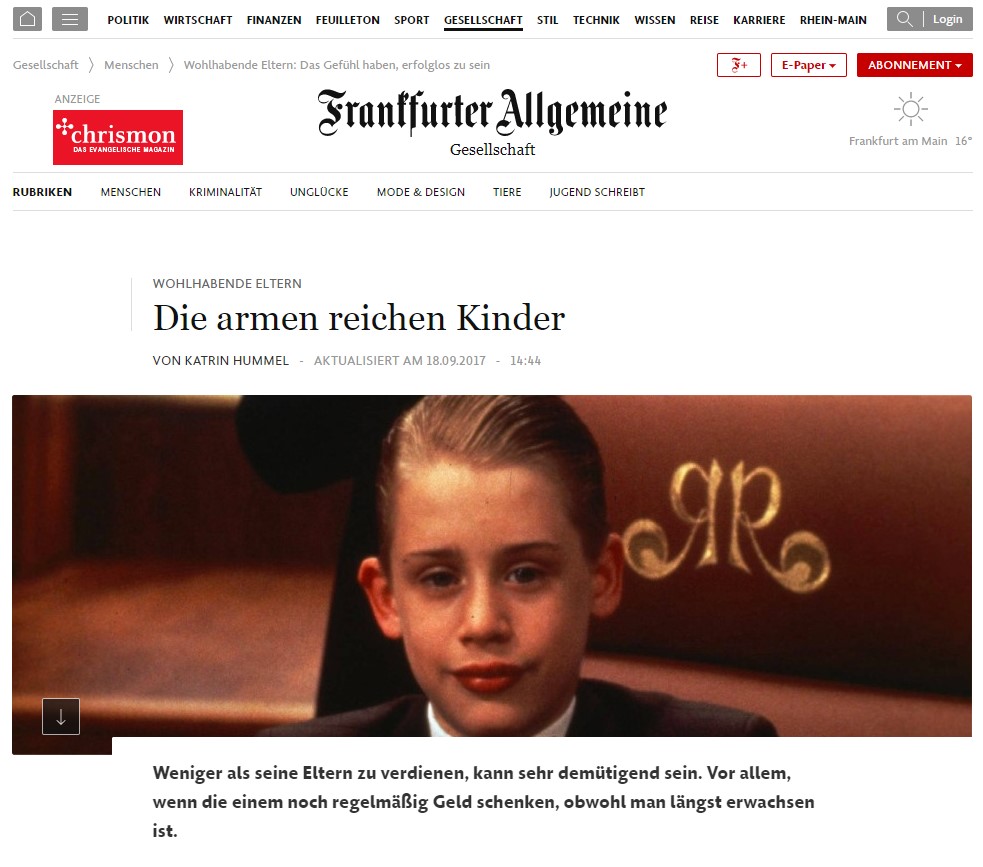 Obwohl es die Optik vermuten lassen würde, ist nicht die Überschrift „Wohlhabende Eltern - Die armen reichen Kinder“ als H1 gewählt worden, sondern das Endes des Breadcrumbs „Wohlhabende Eltern: Das Gefühl haben, erfolglos zu sein“. „Wohlhabende Eltern - Die armen reichen Kinder“ stellt hier „nur“ die H2 dar