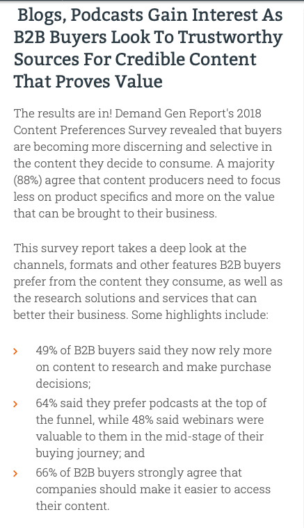 Content Formate im B2B Social Media und Content Marketing © <a href="https://www.demandgenreport.com/resources/research/2018-content-preferences-survey-report">Demand Gen Report</a>